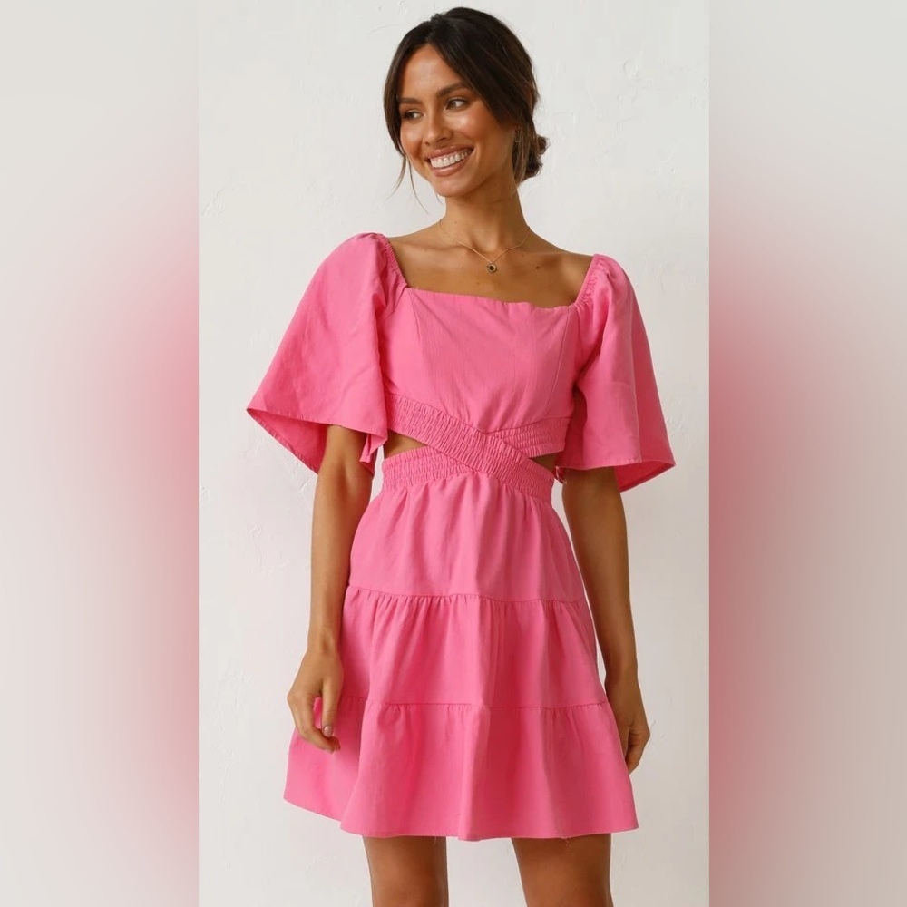 Shy Velvet Pink Mini Dress Small Cutout Waist Puff Sleeve Flowy Summer Boho